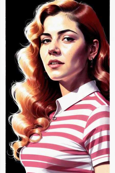 portrait photo of marinad1 ,(red and pink striped shirt), (dirty blonde hair), alluring portrait, intricate, highly detailed, digital painting, artstation, concept art, naughty, sharp focus, cinematic lighting, illustration, art by artgerm and greg rutkowski, alphonse mucha, cgsociety