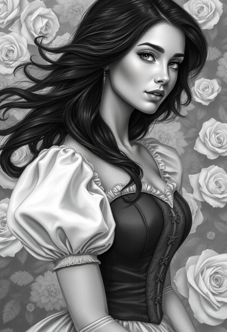 grayscale portrait, beautiful woman, flowing dark hair, romantic fantasy style, corset dress, puffed sleeves, white roses, detailed floral background, monochrome elegance, classic beauty, soft lighting, ethereal mood, historical fashion elements, high realism, serene expression, narrative art,  modernist influence, everyday life scenes, expressive figures, caricatured forms, humor, pathos, vibrant colors, intricate details, cultural richness, sexuality, identity, class themes, bold, surreal quality, personal exploration