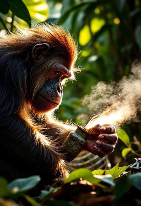 A photo of a hairy ape playing with a grenade in the jungle, ray of light