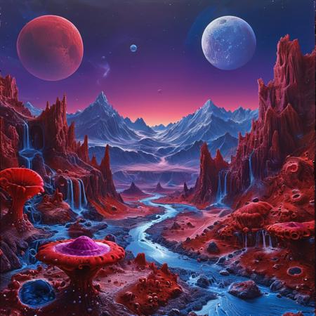 score_9, score_8_up, score_7_up, style of Micrographia, red alien world, jagged mountains touching the sky, purplish sky, small moon, planet in sky, blue vegetation, sparkling river, masterpiece, detailed,