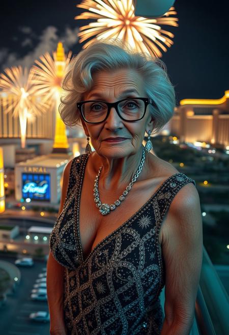 masterpiece, amazing quality, detailed cinematic image, photorealistic front portrait, directional lighting.
photo of a thin, elderly Puerto Rican woman with wrinkles, silver haired soccer mom hairstyle, reading glasses, wearing an elegant bedazzled evening gown, earrings, necklaces, lace stockings, high heels, hotel balcony overlooking Las Vegas at night, city lighting. 
Perfect Composition, photorealistic image, highest quality, masterpiece, ultra 8k, directional lighting, highly detailed face, high contrast, fireworks explode over the las vegas skyline.