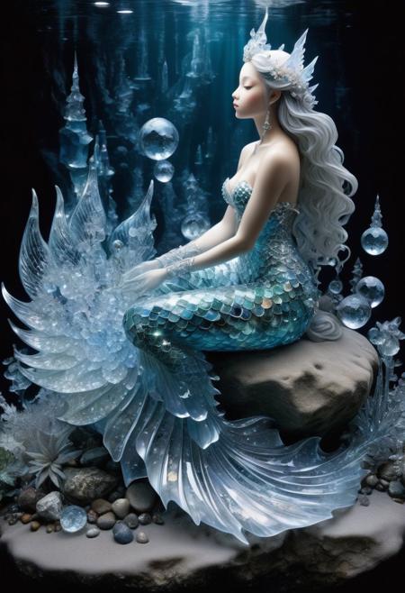 By Jean Baptiste Monge and Mark Brooks and Hirohiko Araki | | FULL-BODY SHOT of ONE beautiful intricate CRYSTAL ICE Mermaid with beautiful crystal patterns, ornate GLASSY CRYSTAL tail scales, hundreds of beautiful starry fractal TRANSPARENT GLASS CRYSTAL scales on her HUGE TAIL, she is sitting on a crystallized rock underwater