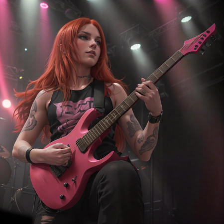 a woman with long auburn colored hair with tattoos wearing a black tank top playing a pink solaratype1452 on the stage in a concert, dramatic lighting, metalhead, metal guitar, strat style guitar, (solaratype1452), solar guitars, cute face, beautiful face, beautiful model body, wallpaper, intricate, sharp focus, ray tracing, rtx, well drawn, masterpiece, ultra detailed, high quality, top quality, best quality, 4k, 8k, raw <lora:solaratype:0.3>