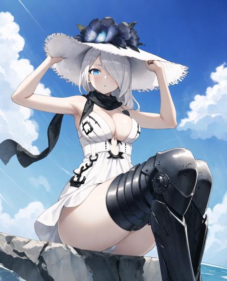 anime, elegant, sexy, hdr, exquisite cover art, (from below:1.2), digital art, (raised fist:1.3), ssprincess, seaport summer princess, abyssal ship, shinkaisei-kan, 1girl, white skin, colored skin, very long hair, white hair, hair over one eye, cleavage, large breasts, sundress, sleeveless dress, sun hat, hat flower, black scarf, black gloves, armored boots, thigh boots, nice hands, beach, blue sky, horizon, mountainous horizon, ocean, scenery, sky, veranda, <lora:GoodHands-vanilla:1>