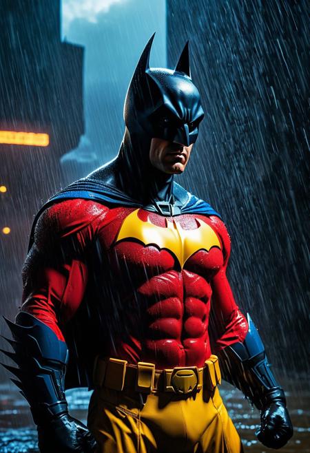 A muscular Batman with a chiseled, angular face, strong jawline, and piercing blue eyes, clad in a drenched, Red And Yellow uniform, showcasing a rippling, bodybuilder's physique, standing heroically under a torrential downpour, rainwater cascading off his broad shoulders and chiseled biceps, in a moody, atmospheric setting, reminiscent of a Frank Frazetta or Zdzisław Beksinski piece, with intricate, high-contrast details, evocative of a ZBrush sculpt, rendered in a detailed, 8K matte painting style, blending fantasy concept art with realistic, hyper-detailed textures, illuminated by a dramatic, golden hour lighting, with bold, complementary colors, and an air of mystique, trending on Artstation, in the style of Unreal Engine 5.