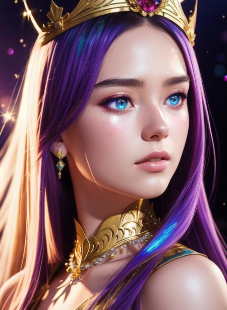 Manga, masterpiece, best quality, 1girl, half body, sad princess, fantasy, ((painting by wlop)) from artstation, glitter jewelry, glare, Iridescent, Global illumination, real hair movement, realistic light, realistic shadow, sideways glance, ((foreshortening)), soft light, dream light, perfect eyes, background 4k, romantic, high detail, crowns, gold and gems