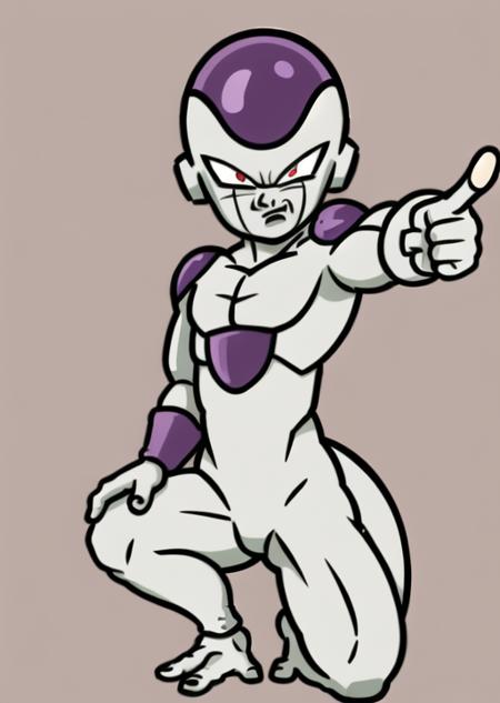 rhythm_heaven,  masterpiece, best quality, frieza, 1boy, on one knee, pointing at viewer, angry, full body, looking at viewer, male focus, tail, red eyes, solo, white background <lora:RhythmHeavenTest6:0.7> <lora:Frieza:0.9>