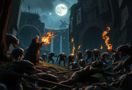 A dramatic shot captures the intensity of the standoff between Bregan D'arthe adventurers and snarling goblinoids amidst an ancient ruin's treacherous terrain. The framing features the wizard standing apart, conjuring fireballs that rain down on the enemy, while the rest of the group engages in brutal melee combat. The lighting is dim, with a fiery glow emanating from the wizard's magic and the faint moonlight filtering through the overgrown vegetation. Composition highlights the chaos, with bodies scattered across the ground, as the adventurers clash with the snapping, razor-toothed goblinoids. The subject of the photo is the ferocity of the battle, with death looming large in the background.