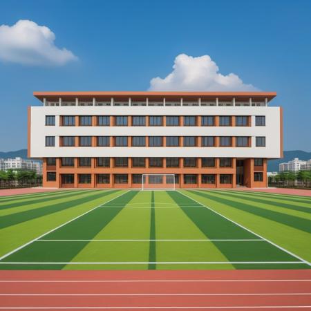 (masterpiece), best quality,8K,no humans, outdoors,
xuexiao,school,
building, day,blue sky, football,runway,cloud,tree,grass,(stairs:0.8),window,   <lora:ZSschoolV1.0-000045:0.5>