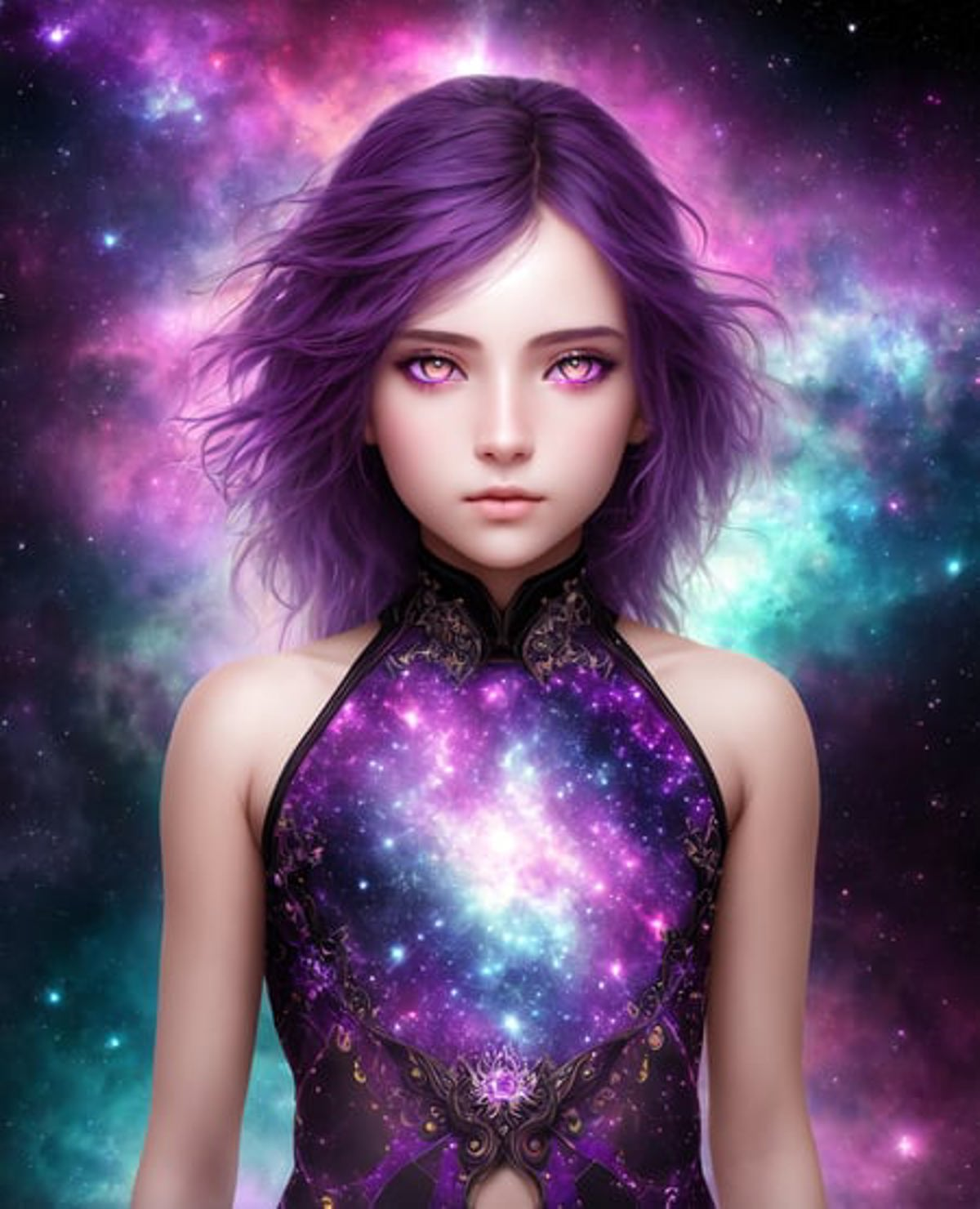 Portrait of a girl, fractal art body, purple eyes and hair, intricate details, colorful nebula in background, professional...