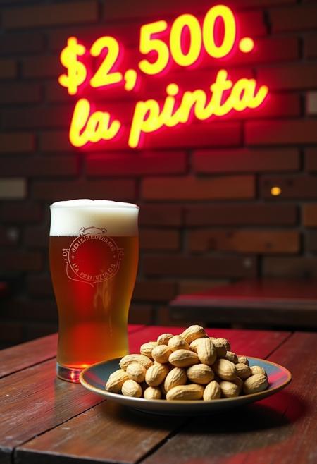 A captivating image of a wooden table, set up with a chilled artisanal beer and a plate of peanuts with their shells on. The beer is a deep golden color, with a hint of foam at the top. The peanuts are scattered across the plate, giving off a rustic and casual vibe. The background features a bright, eye-catching sign that reads "$2.500. la pinta", displaying a bold and retro typography., typography, product, vibrant, poster