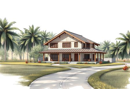 (Ultra-realistic, 32k, Masterpiece, High Quality, Detailed Realistic Background, Official Art, Realistic Lighting, filmfotos).
Sketch design, illustrator art, hyper detail architecture design sketch.
Japandi house, two stories farmhouse, Nearby farmland and garden. Direction connected road. Surrounded by Tropical trees.
60% primary color: Warm Cream, Soft Light Wood

30% secondary color: Charcoal Gray, Rich Mahogany

10% accent color: Dusty Coral, Matte Black, Burnt Orange
