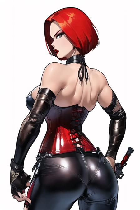 (1girls:1.4), (((solo,
 (black corset), red hair, ((short straight hair)) , ((leather pants)),  medium breats, fingerless gloves up to the elbows, bare shoulders, necklace on the neck, detailed accessories, red thighs, pants up to the hip,red lips, navel , garter straps, ((weapons in hands)), <lora:Rayne_TV1:0.5>
)))
(((mature and milf))),  wide hip,
 ((from below)), ((from back))
(((sticker with white border))),  (((basic white background))),((solo)), (dynamic pose:0.9), photorealistic, (hyperrealistic:1.2), beautiful, masterpiece, best quality, extremely detailed face, perfect lighting,  nsfw,   glowing, ,  perfect eyes, large eyes, curly eyelashes,  (exited face:1.1) , ((perfect face)),  (((horny))), ((perfect hands)), (perfect hands),