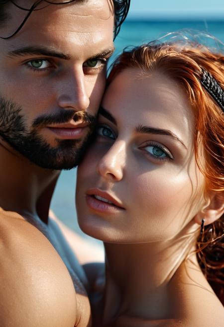 score_9, score_8_up, score_7_up, score_6_up, detailed face, hetero couple, ((1girl, Eastern European, goddess, red hair tied back, light fair skin, light complexion, dark blue eyes, black pupils, medium breasts, petite, 21 year old, exquisite beauty, soft youthful ethereal features, radiant, soft physique, sarong)),  (1boy, Greek, black hair, very attractive, olive skin, warrior, muscular, short hair, (medium black hair)), trimmed short full black beard, strong jaw line, long square chin, 28 years old, handsome, attractive rugged, sexy features, kind eyes, dark green eyes, tall, buff), Beautiful eyes, Beautiful hands, at the beach in the water, he holds her close, she rests her head against his chest, They look at each other with looks of love, adoration and lust, she is so close laying against his chest he is losing control, he needs to be hers so badly, They look into each other's eyes with all their lust, extreme desire becoming unbearable for both, In love, soulmates, lovers, ultra HD, 8k, best quality, super complex details, hyper detailed, expressive, award winning, (ultra realistic), textured skin, sharp focus, Cinematic Lighting, photo realistic, 4k, natural, global illumination,