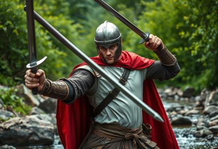 Ultra-realistic cinematic photograph of a male in detailed epic fantasy cosplay, featuring a metallic helmet with a closed visor, white and brown tunic, and a striking red cloak draped over their shoulders. The cosplayer is captured in a dynamic action pose, holding two swords aloft, one in each hand, ready for immediate combat. The setting is a natural environment with a rocky stream in the foreground and lush, vibrant greenery surrounding, creating a medieval ambiance. Emphasize Lifelike Details, Super Detailed Face and Eyes and Clothes, capturing the intricate textures and materials. High-res, 4K, Exceptional Quality, High Quality, Octane Render, Unreal Engine 5 lighting, Captivating Lighting, Well-timed Moment, Intentional Focus, Balanced Editing, conveying a powerful sense of readiness and adventure. Trending on ArtstationHQ for photorealism.