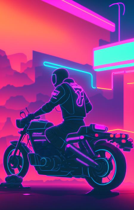 man sitting on motorcycle, (facing the camera:1.2), (looking at camera:1.1), neon lines, snthwve style, HD wallpaper