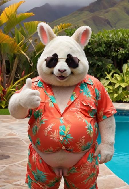 Hyperrealistic art breathtaking Helios, spy, Big Lewinsky film Style photography, Closeup, thumb-up, a fluffy obese baby panda in vibrant colorful Hawaiian shirt wearing a hr ginger inspired bunny-mask, glasses, smokey Haze, cool, flamboyant, Pool and 70s Garden in background, thumb up pose,
very detailed, HD, RAW photograph, masterpiece, top quality, the best quality, official art, highest detailed, atmospheric lighting, cinematic composition, high quality, (8k, RAW photo, highest quality),
. Award-winning, professional, highly detailed. Extremely high-resolution details, photographic, realism pushed to extreme, fine texture, incredibly lifelike