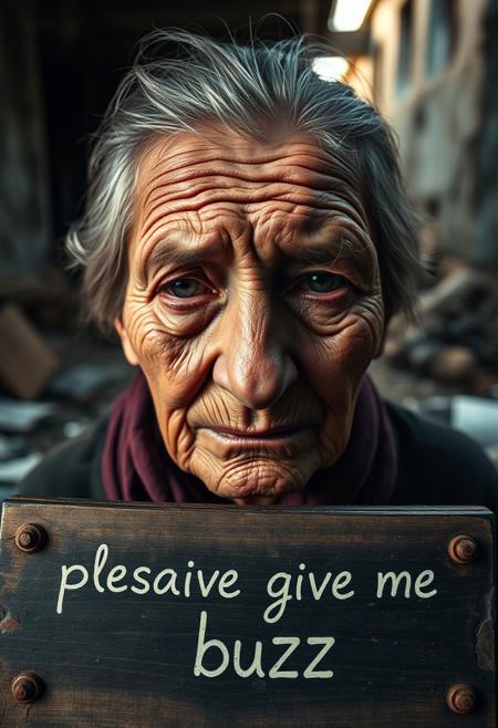 An elderly woman with deeply wrinkled, weathered skin is captured in a close-up using a 50mm Panavision Prime lens, showing every detail of her face. Dramatic lighting casts heavy shadows across her features, emphasizing her sorrow and exhaustion. Her eyes, filled with suffering, reflect the harshness of her life. The background is softly blurred, hinting at a slum with crumbling walls and scattered debris. At the lower part of the image, a cracked wooden panel with rusted nails holds the words ‘please give me buzz.’ The writing is in a pastel color with a crackled font, adding to the gritty, distressed atmosphere, contrasting with the deep emotional weight of the scene
