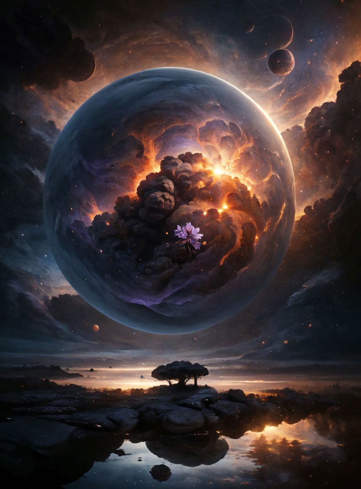A surreal painting of a planet with a purple flower in the center.