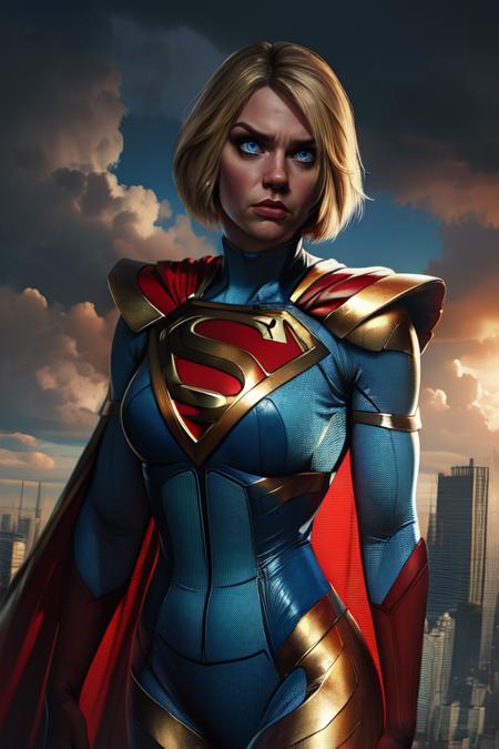 kara, short blonde hair,  blue eyes,  serious, 
blue body suit, S (symbol\), red cape,  red gloves, 
standing, upper body, solo, 
morning, metropolis city,   cloudy sky,  
 (insanely detailed, beautiful detailed face, masterpiece, best quality), <lora:Supergirl:0.8>