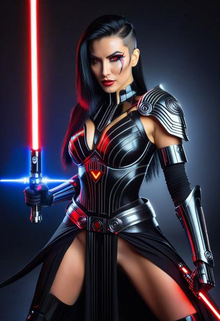 masterpiece, best quality, good quality, very aesthetic, absurdres, newest, ultra detailed, perfect face, detailed face, 
Beautiful women long black hair with, ((shaved sides,)) wearing sith armor, warrior pose, lightsaber, LED lightsaber, seductive face, attractive, striking makeup with bold smokey eyeliner, smeared makeup, seductive smile, red eyes, bold makeup, LED, colorful LED lights, black background,
facing viewer, soft cinematic lighting,