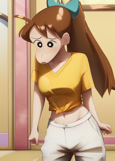 <lora:Ishizaka_Midori-10:1>,1girl, solo, long hair, brown hair,yellow shirt,black eyes, white pupils,ponytail, Orange pants, bouncing breasts, bow, ahoge, hair bow, style parody,