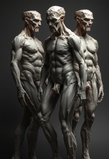 brutalist style, human bodies, raw textures, unrefined shapes, abstract figures, distorted anatomy, stark minimalism, geometric forms, rough edges, primal, concrete-like skin, exaggerated muscles, harsh lighting, monochromatic tones, industrial aesthetic, dystopian, sculptural, unsettling, high resolution, photorealism, (severe expression:1.3), (raw materials:1.4), (emphasis on form:1.2), minimal details, (blurry:-1.2), (ugly:-1.3), (cartoonish:-1.1), (smooth surfaces:-1.4), (polished:-1.3), (low quality:-1.2), (overly ornate:-1.5), (disjointed anatomy:-1.3), (soft lighting:-1.2), (vibrant colors:-1.4), (noisy:-1.1), (bad composition:-1.3)