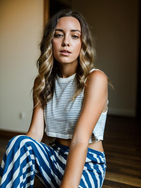 Realistic photo of a beautiful 3ll4c woman,1girl,solo,long hair,looking at viewer,skirt,blonde hair,shirt,jewelry,sitting,parted lips,sleeveless,striped,hair over one eye,bracelet,lips,head tilt,realistic,striped skirt,striped pants,soft lighting, professional Photography, Photorealistic, detailed, RAW, analog, sharp focus, 8k, HD, high quality, masterpiece<lora:3ll4c:1.0>