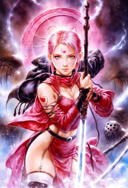 (Sakura Haruno) intensive in fantasy background, The Staff of Space, polarized light, by Luis Royo, best quality