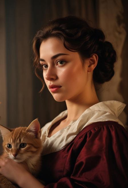 (((masterpiece, perfect Caravaggio's closeup portrait of a very beautiful girl, subtle smiling, with light skin imperfections and some freckles))). She's petting a cute red kitten on her laps. Inside an ancient noble Roman house of 1700 with rich furniture and curtains. Twilight warm and calm atmosphere. Precious warm colored fabrics for her elegant outfit.
Wide angle lens, ((low angle shot)), ((full figure shot)), perfectly detailed scene, extreme realism.
((Carachters illuminated only by warm soft candle light, dark shadows)), artistic framing, low saturation, low contrast, ((soft focus)).