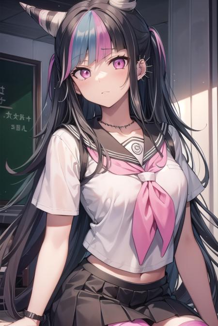 ibukimioda, <lyco:ibukimioda-lyco-nochekaiser:1>,
ibuki mioda, black hair, blue hair, hair horns, ear piercing, lip piercing, long hair, multicolored hair, (pink eyes:1.5), pink hair, white hair,
BREAK asymmetrical legwear, black skirt, blue thighhighs, jewelry, mismatched legwear, neckerchief, necklace, piercing, pleated skirt, ring, school uniform, serafuku, shirt, skirt, thighhighs, torn clothes, torn thighhighs, zettai ryouiki,
BREAK looking at viewer,
BREAK indoors, classroom,
BREAK <lyco:GoodHands-beta2:1>, (masterpiece:1.2), best quality, high resolution, unity 8k wallpaper, (illustration:0.8), (beautiful detailed eyes:1.6), extremely detailed face, perfect lighting, extremely detailed CG, (perfect hands, perfect anatomy),