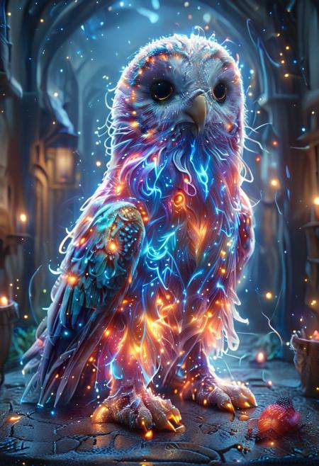 a cute chibby chicken mixed with a owl with big rainbow eyes made out of clay, it wears a cool rainbow bandana, very detailed, 4k, sharp, eating rainbow worms, novuschroma51 style, ((bioluminescent elements and magical light)), ethereal glowing swirls, mystical light particles, dreamy atmosphere, vibrant neon mist, twilight city street, hyper-detailed fabric texture, soft illuminated fog, cinematic soft lighting, glowing blue and magenta hues, fantasy realism, enchanted night