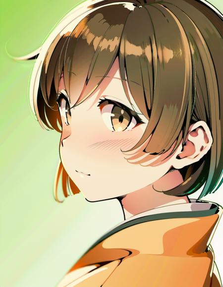 dynamic angle, masterpiece, best quality, photorealistic, best illustration, solo, looking at viewer, portrait view of 1girl facing viewer over a simple white to green gradient background, hiryuuchan, (one side up:1.22) brown hair, brown eyes, orange kimono with wide furisode sleeves, cute, pixiv, best lighting, finely detailed eyes, depth of field <lora:hiryuu_counterfeitxla_1-10:0.7>