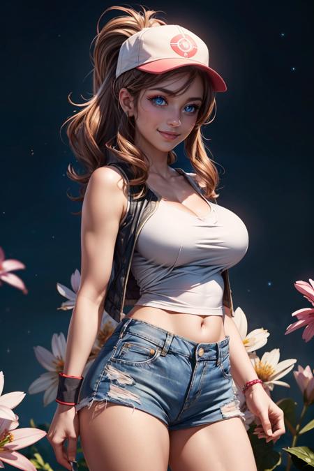 zzHilda, blue eyes, long hair, high ponytail, sidelocks,  hat, collarbone, white shirt, black vest, sleeveless, wristband, short shorts, denim shorts, exposed pocket, 