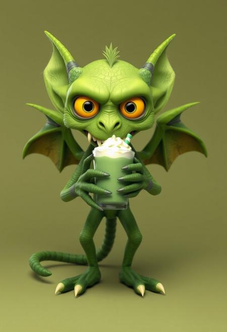 Clay Animation - a pixar style 3d animated green character called a jabberwock, angry, fierce, scary, big yellow eyes, wings, scales. long ears. long sharp teeth. at least ten feet tall with a simian like build, almost like a lemur. Its limbs are long and elongated and slender, 3 long fingers and claws. with a pointed end long tail ending, standing on two toes with a dewclaw/thumb. looking at camera over a simple background. holding a green frappucino