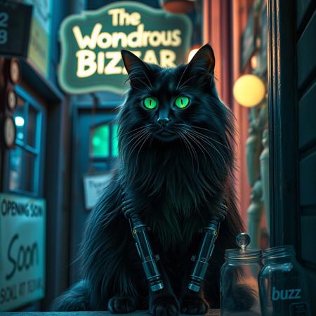 Highly detailed, 4k. Off in the distance A mystical long haired black cat with glowing neon green eyes with and ethereal glow that has cybernetic prosthetic limbs . Located in a back ally with lights in rich blues, teals, and purples, suggesting a mysterious environment creating a dreamlike, ethereal atmosphere. Off in the distance the cat sits in a shop window that has sign above the shops door that reads " The Wondrous Bizzar" On the door hangs a sign that reads " Opening Soon". The cat’s bright, piercing eyes draw attention to the shop that's off in the distance. Beside  the bottom of the shop door is a clear jar that has "buzz" written on it. The Shop seems to be filled with strange prosthetic parts that appear to be otherworldly.