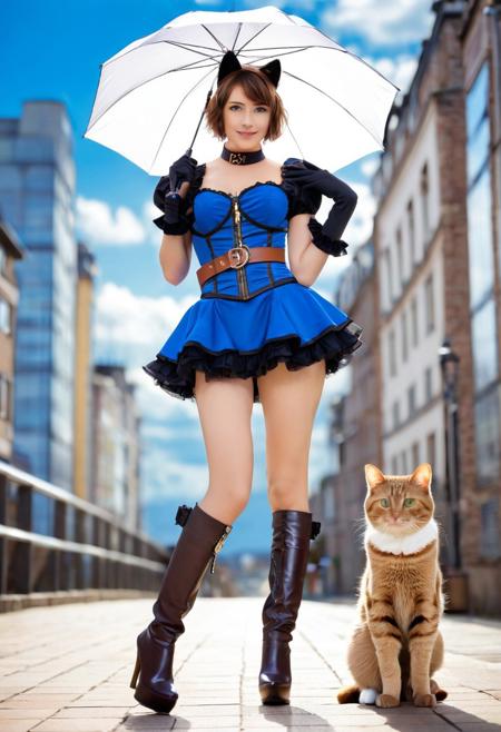 score_9, score_8_up, score_7_up, score_6_up,  photo bokeh, blured background, 1girl, breasts, looking_at_viewer, short_hair, blue_eyes, skirt, brown_hair, gloves, dress, holding, animal_ears, standing, tail, full_body, outdoors, frills, boots, multiple_boys, sky, solo_focus, day, puffy_sleeves, belt, cloud, cat_ears, fingerless_gloves, armor, high_heels, blue_sky, blue_skirt, cat_tail, blue_dress, umbrella, cat, cat_girl, goggles, building, corset, high_heel_boots, goggles_on_head, pouch, holding_umbrella, city, steampunk