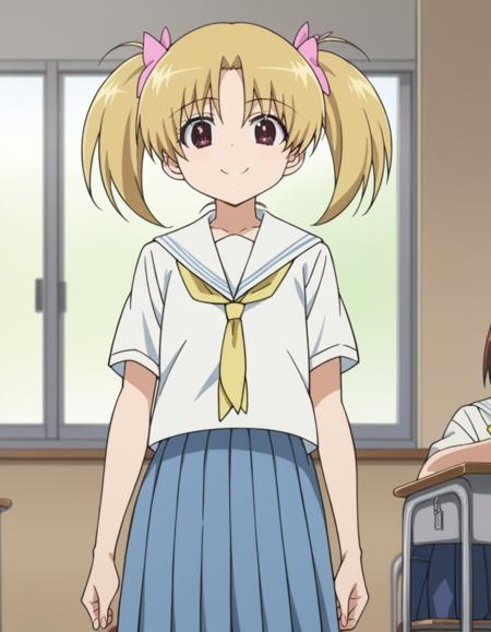 mikazuki kiryuu, short hair, blonde hair, twintails, brown eyes, smile, skirt, school uniform, serafuku, yellow neckertie, blue skirt, short sleeves,