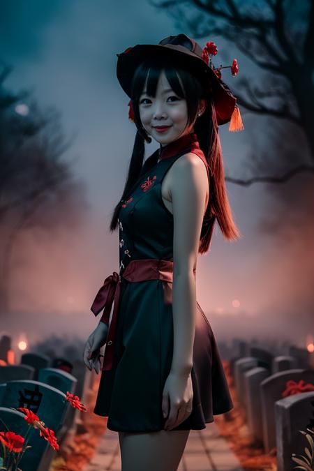 1girl, solo, portrait of cute hutao girl, black dress, red collar, Chinese graveyard, dim light, red little red flower, dynamic paw pose, fog, spooky night, <lora:ARWHutao:1>, ((best quality)), ((masterpiece)), ((realistic)), (detailed), bokeh,