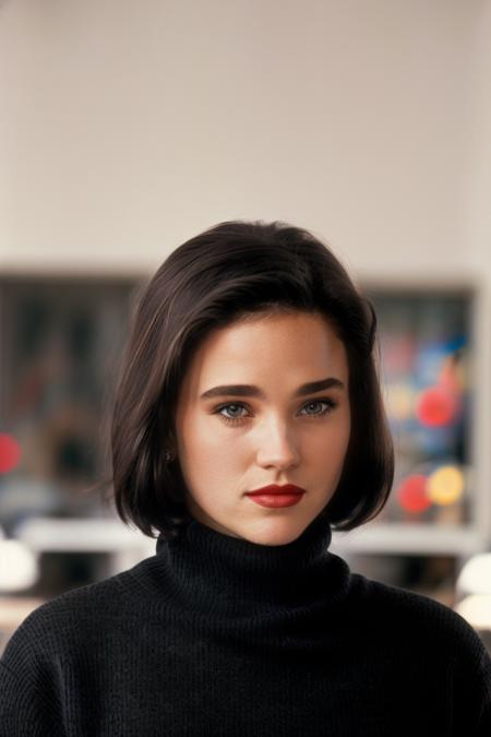 photo of j3nn1f3r, looking at viewer, perspective shot, in a fullbody (turtleneck sweater), black hair, lipstick, alone, (solo:1.2), blurred background, bokeh
 <lora:80sJenniferConellyV1:0.9>