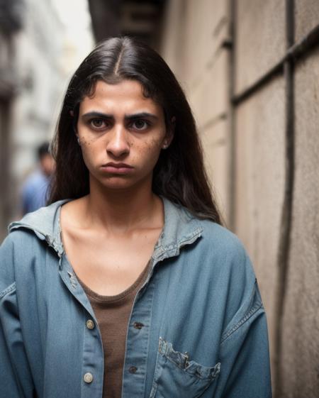 raw photo of, 20 year old woman, woman, brown skin, frontal view, upper body part, smoking cigarette, shoulders, crooked hair, fine nose, brown hair, clear eyes, unpleasant expression, ugly, magnified, asymmetric face, dirty clothes, bandit, criminal, dark street background, subsurface, Subsurface scatter, Photorealistic, Hyperrealistic, Hidden, analog style, Detailed piece, Shaded piece, Soft lighting, Subsurface scatter, realistic, heavy shadow, masterpiece, best quality, ultra realistic, 8k, arrow proportion, Intrigued, high detail, film photography, soft focus