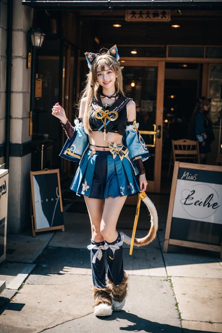 best quality, masterpiece, photorealistic, 1girl, solo, standing, full body, (looking at viewer:1.2), closed mouth, kirara cosplay costume, kirara, cosplay, blonde hair, long hair, hair ornament, sailor collar, crop top, detached sleeves, skirt, cat ears, cat tail, animal ears, leg warmers, fur-trimmed shoes, <lora:genshin_Kirara_cosplay_v1:0.7>