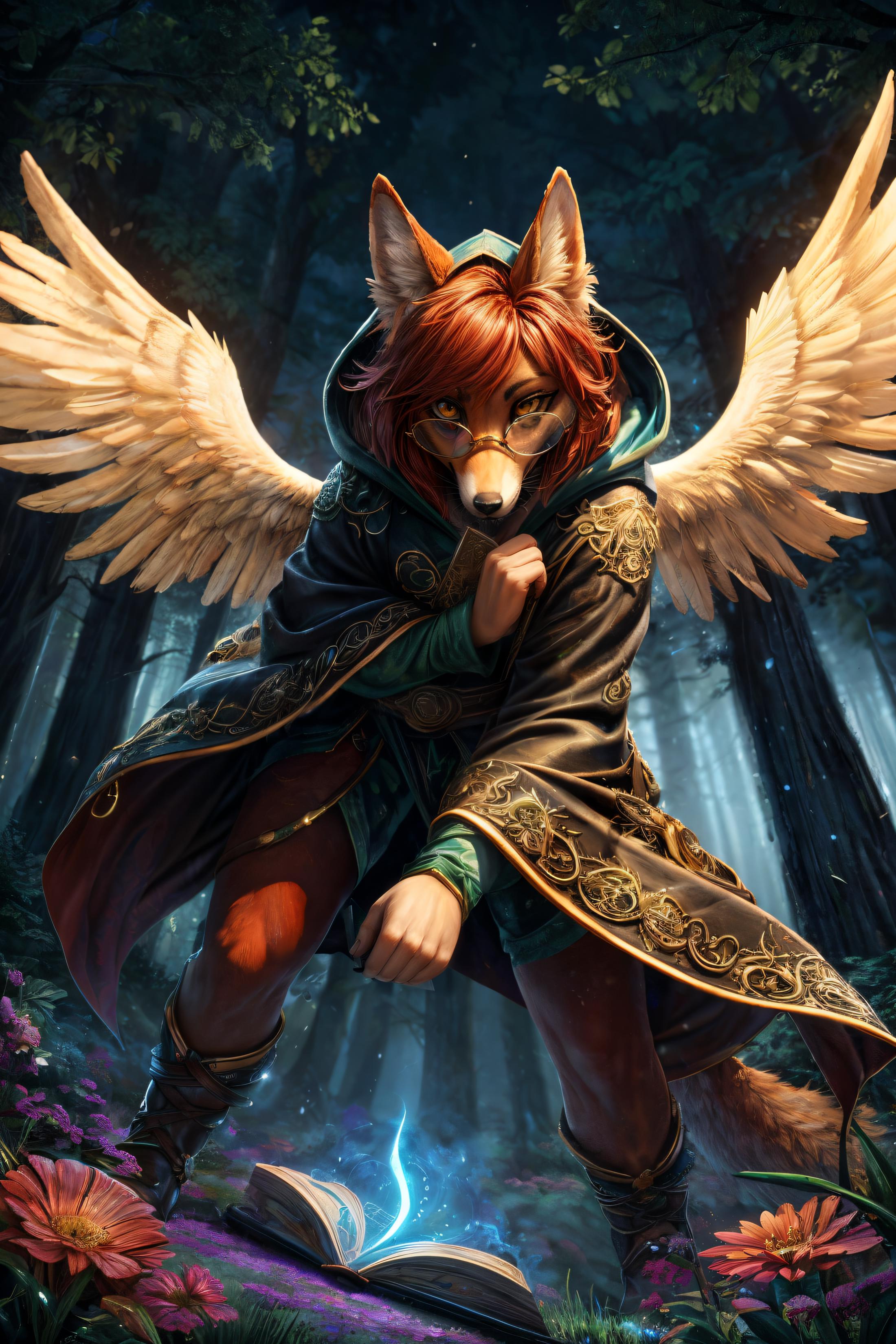 A red fox with wings and a hooded cape.