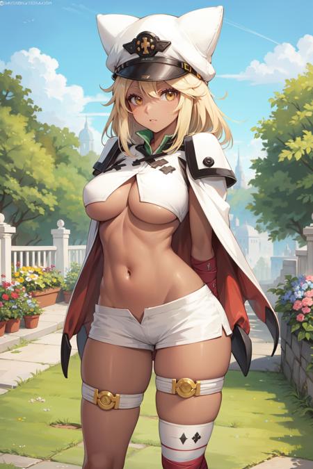 ramlethal_valentine, black-skinned female, dark skin, long hair, white hat, shorts, short shorts, thigh strap, cape, large breasts, underboob, yellow eyes, hair between eyes, bandages