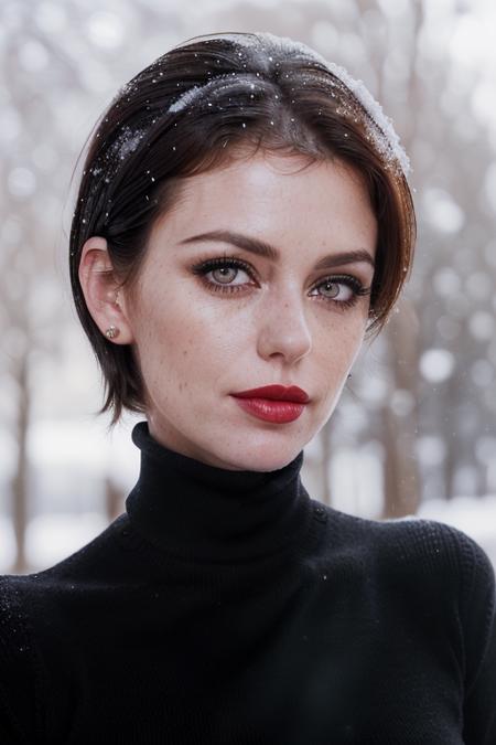 photo of a woman, diorabaird-290:0.99,((beautiful black hair, short hair):1.2) ((turtleneck sweater):1.2), (smug, horny), ((closeup, portrait):1.2),((outdoors, snow):1.2),((red lipstick,heavy eyeliner, heavy eye shadow, blush):1.2), ((best quality, masterpiece, extreme details, high resolution):1.2),((detailed eyes, beautiful eyes, detailed face, beautiful face):1.2)