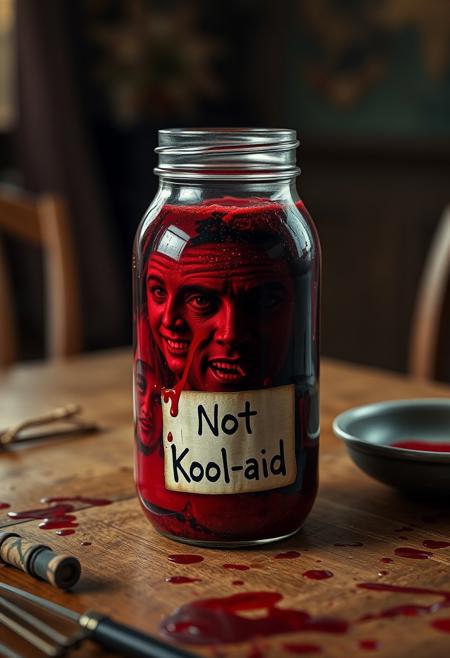 photorealistic image shows a jar of blood-like substance on a table, faces of witchcraft superimposed within the substance, with the label reading "Not Kool-aid." Highest-Quality, 4k, intricate details, visually stunning, Masterpiece