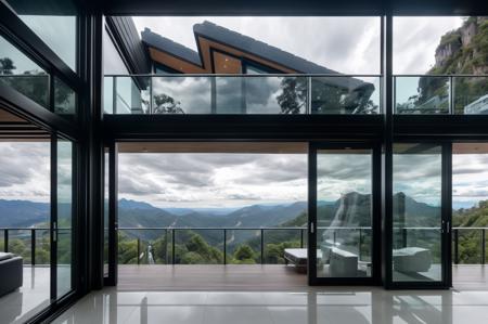 black modern villa into the montain, on the edge of a cliff surrounded by waterfalls, cloudy weather, intricated architecture, (view from outside:1.3), 
(masterpiece),(high quality), best quality, real,(realistic), super detailed, (full detail),(4k),8k,pool, window, no humans, scenery, indoors,<lora:å·è°_Cool tones:1.0>