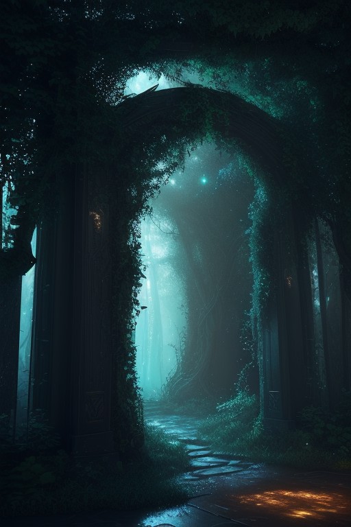 (Digital Artwork:1.3) of (Sketched:1.1) octane render of a mysterious dense forest with a large (magical:1.2) gate (portal...