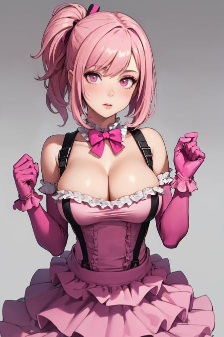 (masterpiece, best quality:1.2), clown, 1girl, breasts, suspenders, solo, dress, gloves, pink dress, large breasts, makeup, cleavage, pink hair, pink gloves, frilled dress, frills, elbow gloves