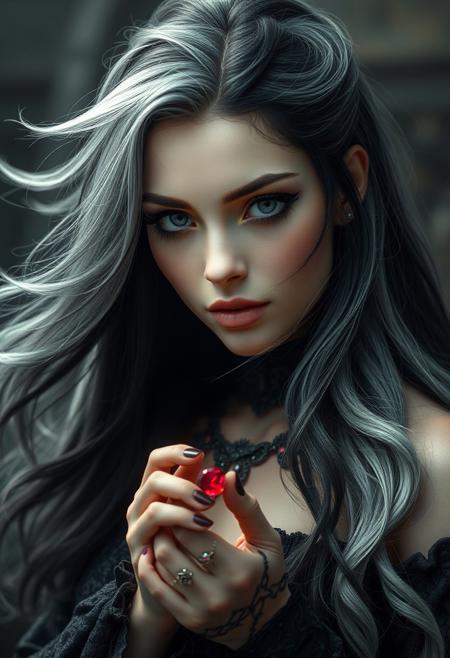 Mystic-dark queen, woman with jet-black and silver hair, fantasy adventure style with cute elements, clutching a tiny, radiant ruby, highly realistic with intricate details, pastel color palette, dramatic composition, ultra-realistic, wide-angle, sharp focus, moving background blur, glistening, asymmetrical hair texture